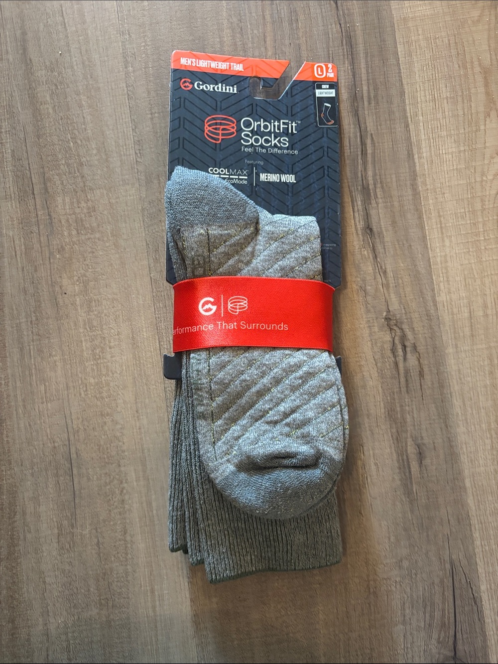 Gordini Men's 2 pair pack lightweight trail crew sock grey size Large NWT